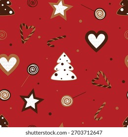 Patrón de Navidades sin fisuras con galletas y dulces sobre un fondo rojo, patrón de año Nuevo sin fisuras con galletas de jengibre y dulces