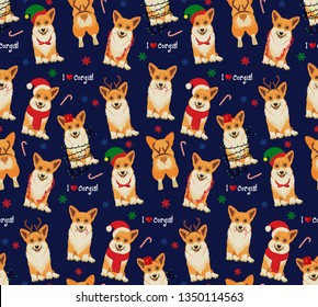 Seamless Christmas Pattern with Corgis. Vector Illustration. 