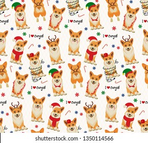 Seamless Christmas Pattern with Corgis. Vector Illustration. 