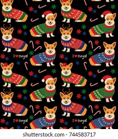 Seamless Christmas Pattern with Corgis. Vector Illustration.