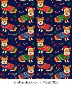 Seamless Christmas Pattern with Corgis. Vector Illustration.