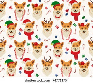 Seamless Christmas Pattern with Corgis. Vector Illustration.