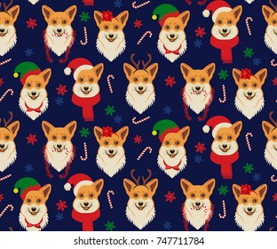 Seamless Christmas Pattern with Corgis. Vector Illustration.