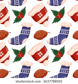 Seamless Christmas pattern with cozy sock, Santa hat, pine cone and holly leaf on white background in cartoon style. Perfect for festive wrapping paper, winter textile and holiday decoration.