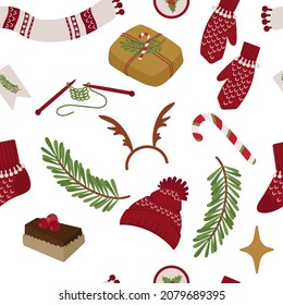 Seamless Christmas pattern with cozy winter elements. Fir branch, gift, knitted sock, scarf, mittens with patterns. Festive vector background of printing on paper, fabric for scrapbooking.