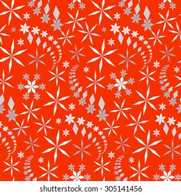 Seamless christmas pattern. Crystal light snowflake, star silhouettes on warm, bright red background. Frost and sun, winter theme texture. Vector illustration.