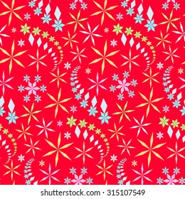 Seamless christmas pattern. Crystal light snowflake, star silhouettes on warm, bright red background. Frost and sun, winter theme texture. Vector illustration.