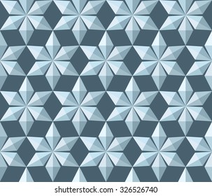 Seamless christmas pattern. Crystal snowflakes. Light 3d silhouettes on gray blue background. Winter, holiday, sale theme texture. Vector illustration.