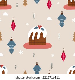 Seamless Christmas pattern with cupcake and сhristmas balls. Vintage holiday winter wallpaper. Background for gift wrapping. Vector pattern in a flat style.
