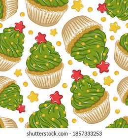 Seamless Christmas pattern with cupcakes. Christmas green tree with red star and yellow garland. Cupcake with cream frosting. Bright vector background for New Year wrapping paper, cards, fabrics etc.