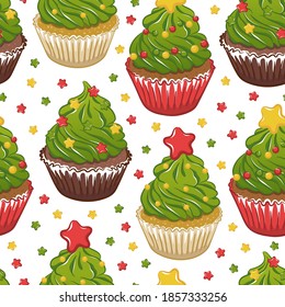Seamless Christmas pattern with cupcakes. Christmas green tree with star and garland. Cupcake with cream frosting. Bright vector background for New Year wrapping paper, cards, fabrics etc.