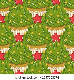 Seamless Christmas pattern with cupcakes. Christmas green tree with red star and yellow garland. Bright vector background for New Year wrapping paper, cards, fabrics etc. Cupcake with cream frosting.