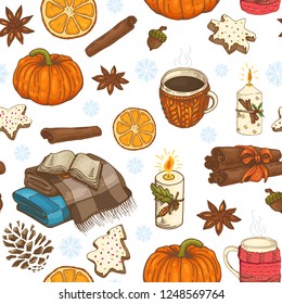 seamless christmas pattern with cups, citrus, snowflakes and plaids