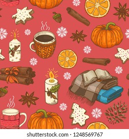 seamless christmas pattern with cups, citrus, snowflakes and plaids