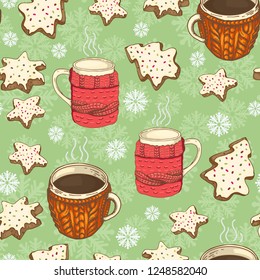 seamless christmas pattern with cups, cookies and snowflakes