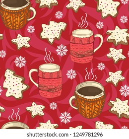 seamless christmas pattern with cups, cookies and snowflakes