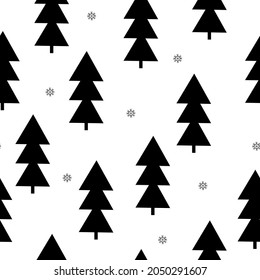 Seamless Christmas pattern . cute abstract black Christmas trees and snowflakes on a white background. vector texture. trend print for textiles, wallpaper and packaging.