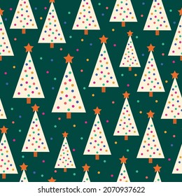 Seamless Christmas pattern. cute abstract Christmas trees and conffetti on a dark green background. vector texture. retro print for textiles and packaging.