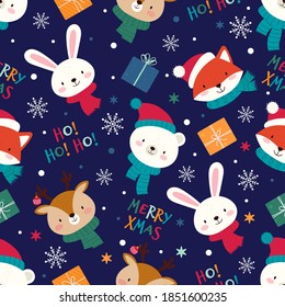 Patrón de Navidad sin inconvenientes con animales lindos, regalos y letras.