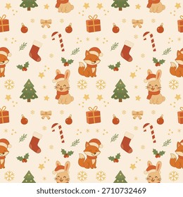 Seamless Christmas pattern. Cute animals create a magical atmosphere. Vector. Universal. Perfect for textile prints, wrapping paper, cards, and various business applications.