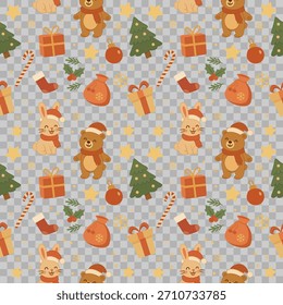 Seamless Christmas pattern. Cute animals create a magical atmosphere. Vector. Universal. Perfect for textile prints, wrapping paper, cards, and various business applications.