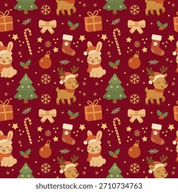 Seamless Christmas pattern. Cute animals create a magical atmosphere. Vector. Universal. Perfect for textile prints, wrapping paper, cards, and various business applications.
