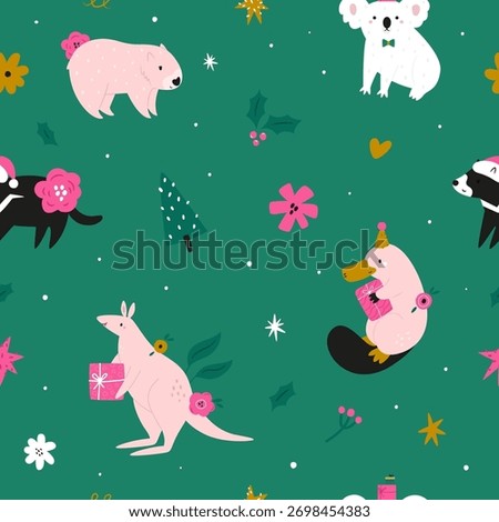 Seamless Christmas Pattern with Cute Australian Animals. Festive Koala, Wombat, Platypus, and Kangaroo with Holiday Decorations. Repeatable Digital Paper Background