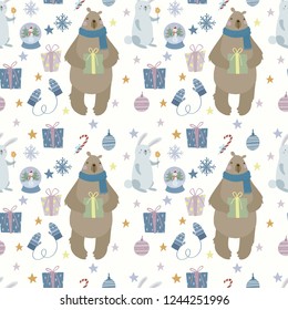 Seamless Christmas pattern with cute bear and rabbit