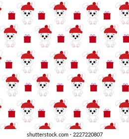 Seamless christmas pattern with cute christmas bunny with gift boxes.For wrapping paper or textile print, winter wallpaper.Vector Illustration.