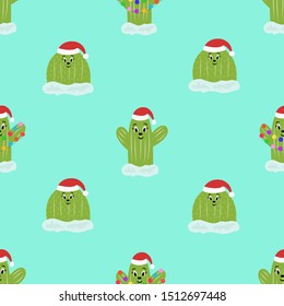 Seamless christmas pattern with cute cactus. Vector illustration.