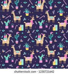 Seamless Christmas pattern with cute cartoon llamas 