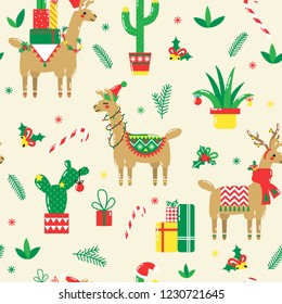 Seamless Christmas pattern with cute cartoon llamas 