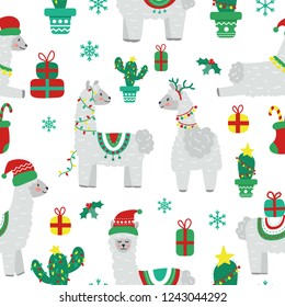 Seamless Christmas pattern. Cute cartoon llama, snowflakes and cactus. Flat illustration.