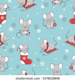 Seamless Christmas pattern with cute cartoon mouse. Wrapping paper design with rats.