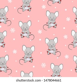 Seamless Christmas pattern with cute cartoon mouse. Wrapping paper