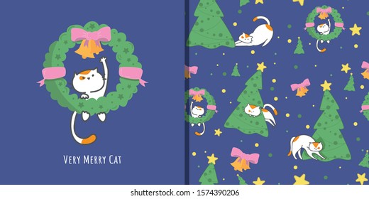 Seamless Christmas pattern with cute cartoon cats with new year tree, merry christmas and happy new year of the mouse 2020