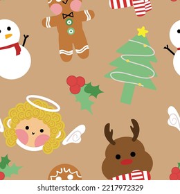 Nahtlose Weihnachtsmuster mit süßen Cartoon-Figuren auf Weihnachten. Weihnachtsferien Winter. Gut geeignet für Schreibwaren, Geschenkpackung, Weihnachtsdekor, Innendekor, Einladungen, Hintergrund, Textilien