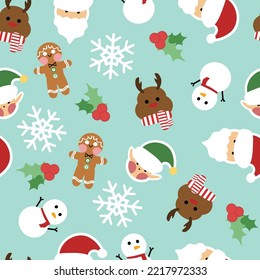 Seamless christmas pattern with cute cartoon characters on xmas. Christmas holiday winter. Great for stationery, gift wrap, Christmas decor, home decor, invitations, backdrop, textile
