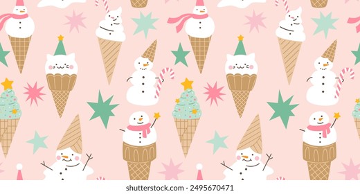 Seamless Christmas pattern with Cute cartoon ice cream snowmen in waffle cones.  Hand drawn vector illustration. Funny xmas background, wrapping paper.