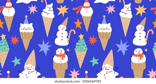 Patrón de Navidades sin fisuras con muñecos de nieve de helado de dibujos animados lindos en conos de gofre.  Ilustración vectorial dibujada a mano. Fondo divertido de Navidad, papel de regalo.