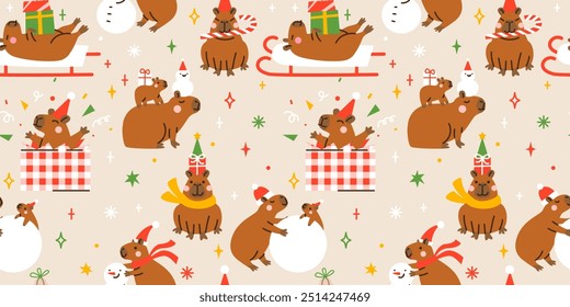 Seamless Christmas pattern with Cute cartoon capybaras. Hand drawn vector illustration. Funny animal background. Naive childish design. Cool comic character, kids poster, card, social media banner.