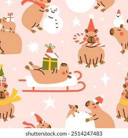 Seamless Christmas pattern with Cute cartoon capybaras. Hand drawn vector illustration. Funny animal background. Naive childish design. Cool comic character, kids poster, card, social media banner.