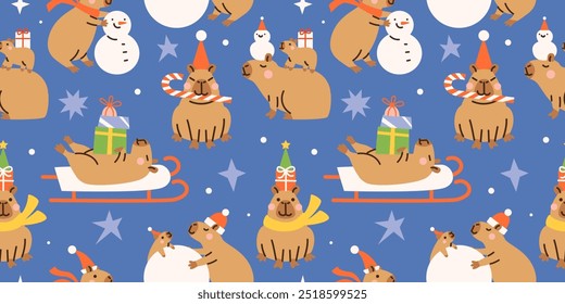 Seamless Christmas pattern with Cute cartoon capybaras. Hand drawn vector illustration. Funny animal background. Naive childish design. Cool comic character, kids poster, card, social media banner.