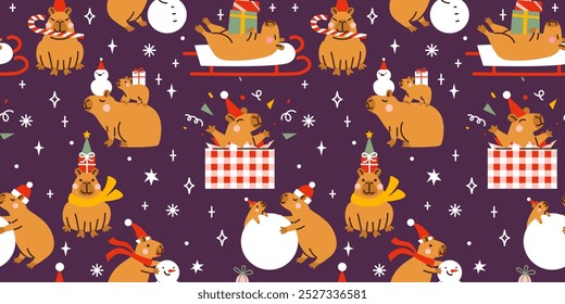 Seamless Christmas pattern with Cute cartoon capybaras. Hand drawn vector illustration. Funny animal background. Naive childish design. Cool comic character, kids poster, card, social media banner.