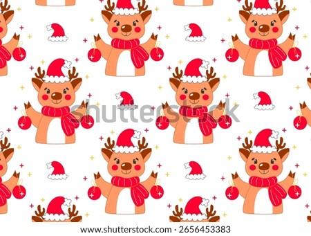 Seamless Christmas pattern with cute cartoon reindeer in Santa hats and red scarves holding ornaments – festive design with sparkles, Santa hats, and symbols on white background.