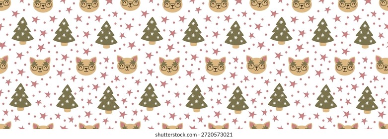 Seamless Christmas pattern with cute cat faces, decorated fir trees, stars and dots. Cozy winter holiday background for kids designs, wrapping paper, fabric, stationery, cards and textiles.