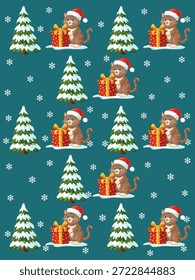 Seamless Christmas Pattern with Cute Cat in Santa Hat, Gift, and Snowy Trees Illustration