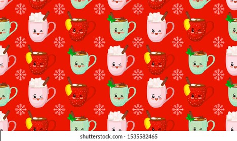 Seamless christmas pattern. Cute characters New Year. Christmas decorations. Winter drinks. Red background. Cartoon cup.