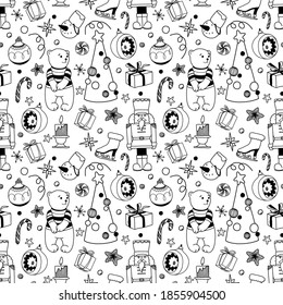Patrón de Navidad sin problemas con personajes bonitos y elementos de vacaciones. Fondo dibujado a mano con doodle de invierno.