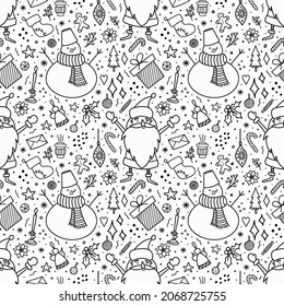 Seamless Christmas pattern with cute characters and holiday elements. Winter hand-drawn background.